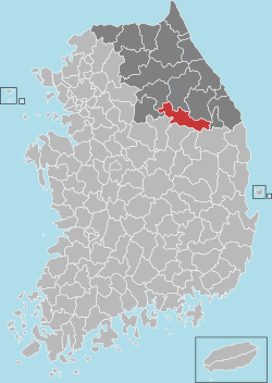 寧越郡在韓國及江原道的位置