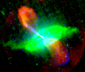 "False-colour image of the nearby radio galaxy Centaurus A, showing radio (red), 24-micrometre infrared (green) and 0.5-5 keV X-ray emission (blue). The jet can be seen to emit synchrotron emission in all three wavebands. The lobes only emit in the radio frequency range, and so appear red. Gas and dust in the galaxy emits thermal radiation in the infrared. Thermal X-ray radiation from hot gas and non-thermal emission from relativistic electrons can be seen in the blue 'shells' around the lobes, particularly to the south (bottom)."[27]