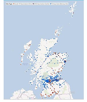 蘇格蘭地區接種點分佈圖（2021年1月）