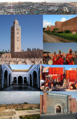 馬拉喀什景觀，順時針方向自上而下為：杰馬艾夫納廣場、馬拉喀什城牆（英语：Walls of Marrakesh）、杰馬艾夫納廣場的音樂表演者、手工藝品市集、巴布阿格諾門（英语：Bab Agnaou）、巴迪宮、巴希亞宮、庫圖比亞清真寺