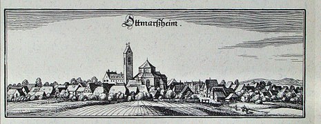 Ottmarsheim et son abbaye en 1663 (Topographia Germaniae de Martin Zeiller).
