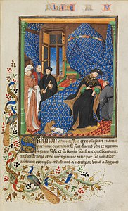 Maître de la Mazarine, Dialogues de Pierre Salmon, folio 4, Pierre Salomon conversation avec le roi Charles VI, 1412, Bibliothèque de Genève.