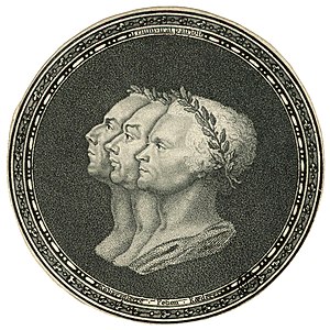 « Triumvirat patriote » : Robespierre, Pétion et Roederer portraiturés à l'antique, le front ceint de lauriers. Estampe anonyme, vers 1791, BnF.