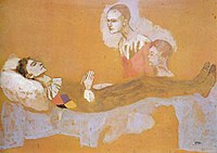 Pablo Picasso, 1906, La Mort d'Arlequin (Death of Harlequin), gouache and pencil on board, 68.5 × 96 cm, private collection