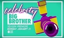 The words "Big Brother" are cut out in block letters from the shape of a house with the word "Celebrity" written above in cursive. Below, the phrases "Season Premiere" and "Monday January 21" are written in all capital letters followed by the CBS Logo