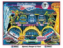 The 2012 Bank of America 500 program cover, featuring multiple drivers and the Teenage Mutant Ninja Turtles. Artwork by Sam Bass. "Speed, Danger, and Fun!"