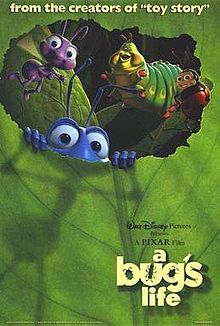 The poster features Flik peeking out of the leaf with the rest of the circus bugs including Francis, Heimlich, and Dot.